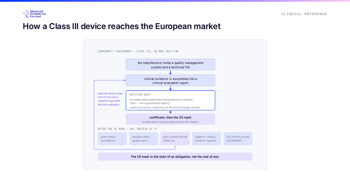 The conformity assessment route for a high-risk implantable device under EU Regulation 2017/745. A manufacturer holds a quality management system and a technical file, assembles clinical evidence into a clinical evaluation report, and submits both to a notified body, which is an independent organisation designated by a member state rather than a government agency. The notified body audits the system and examines the file and, for this class, the design dossier. A certificate allows the CE mark and market access. After launch the obligations continue: post-market surveillance, a periodic safety update report, post-market clinical follow-up feeding back into the clinical evaluation, and vigilance reporting of serious incidents. The device carries a unique device identifier and its data are registered in the European database, EUDAMED. The loop is drawn as continuing rather than ending at approval.